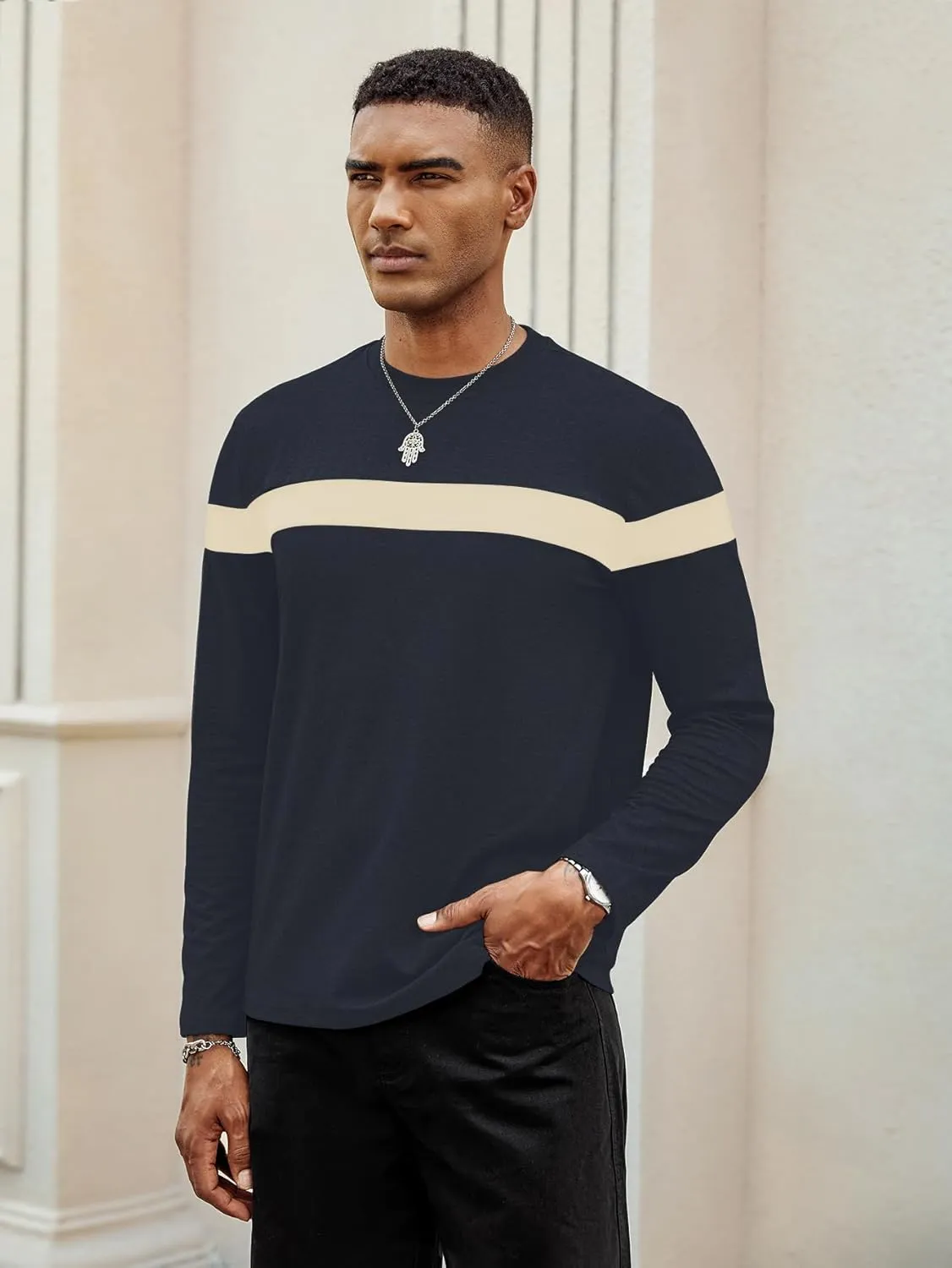 Hardaddy Men's Long Sleeve Tee Shirts Color Block Pullover Casual Basic T-Shirts