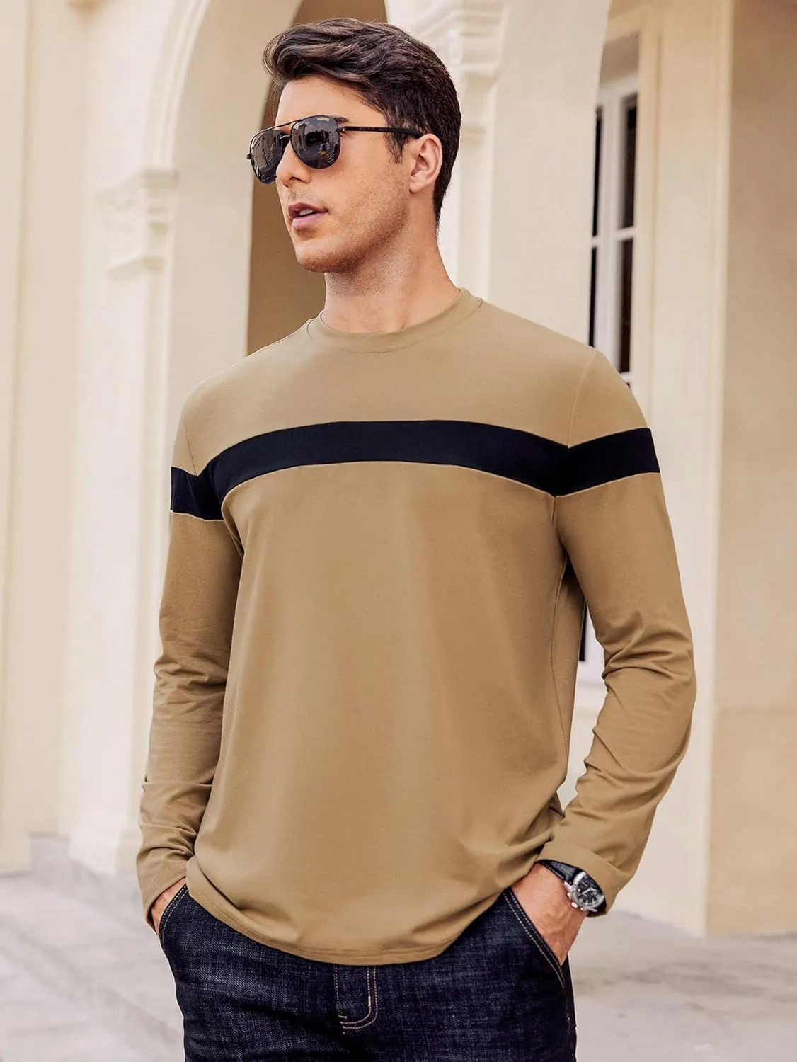 Hardaddy Men's Long Sleeve Tee Shirts Color Block Pullover Casual Basic T-Shirts