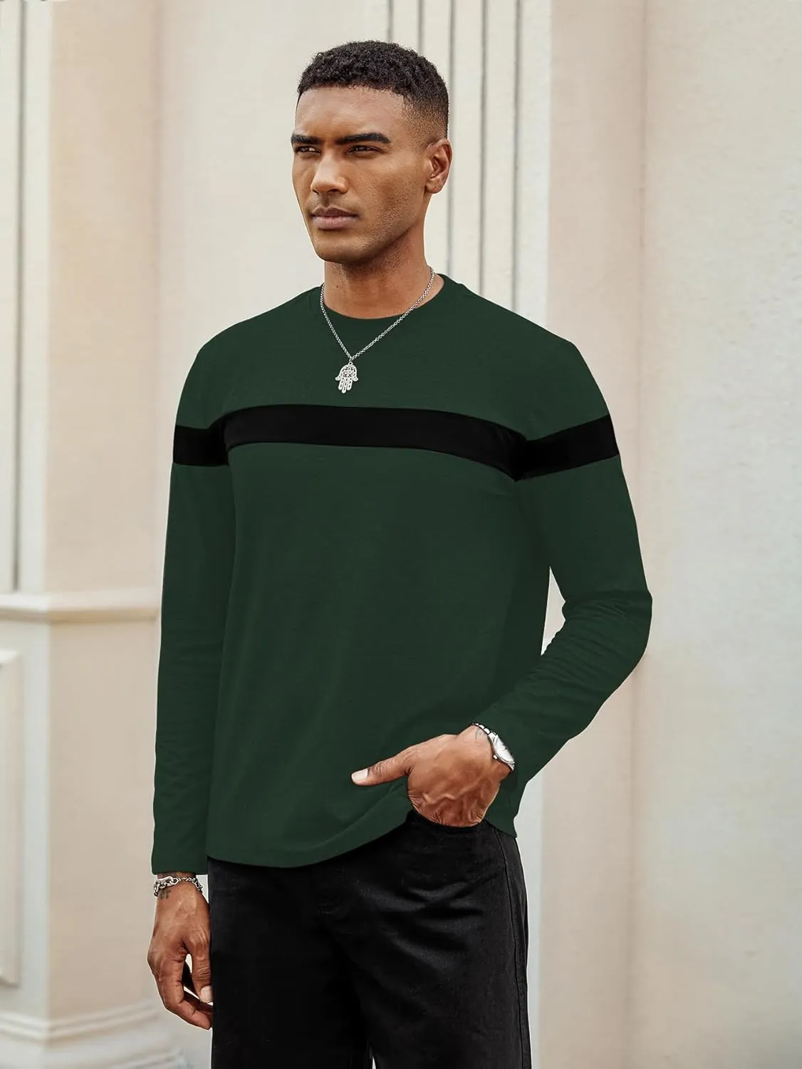 Hardaddy Men's Long Sleeve Tee Shirts Color Block Pullover Casual Basic T-Shirts