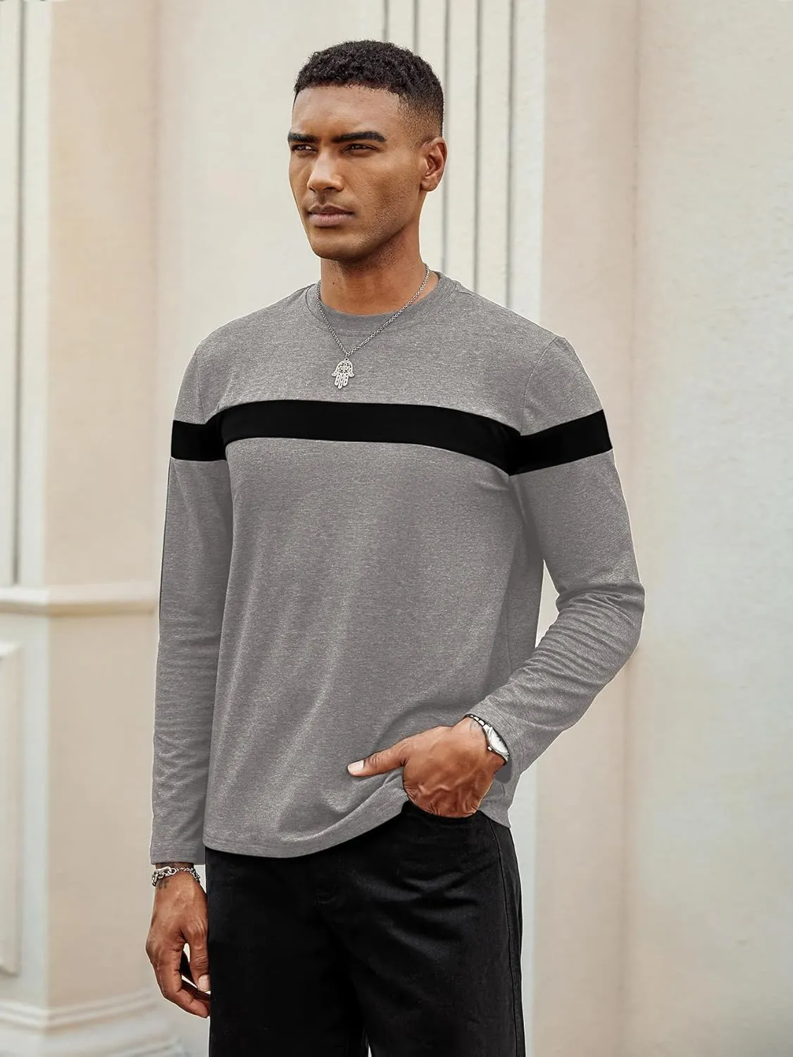 Hardaddy Men's Long Sleeve Tee Shirts Color Block Pullover Casual Basic T-Shirts