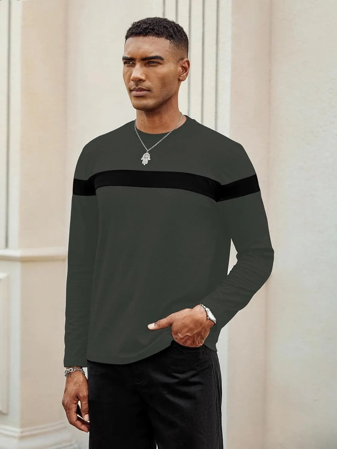 Hardaddy Men's Long Sleeve Tee Shirts Color Block Pullover Casual Basic T-Shirts