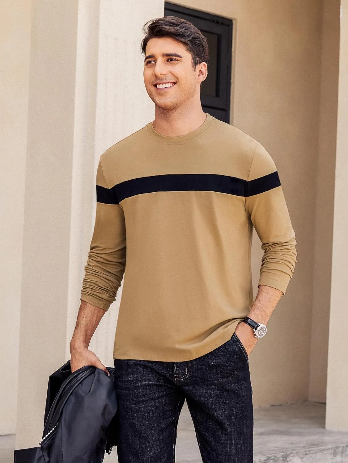 Hardaddy Men's Long Sleeve Tee Shirts Color Block Pullover Casual Basic T-Shirts