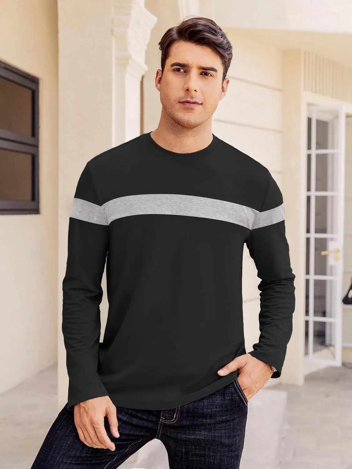 Hardaddy Men's Long Sleeve Tee Shirts Color Block Pullover Casual Basic T-Shirts