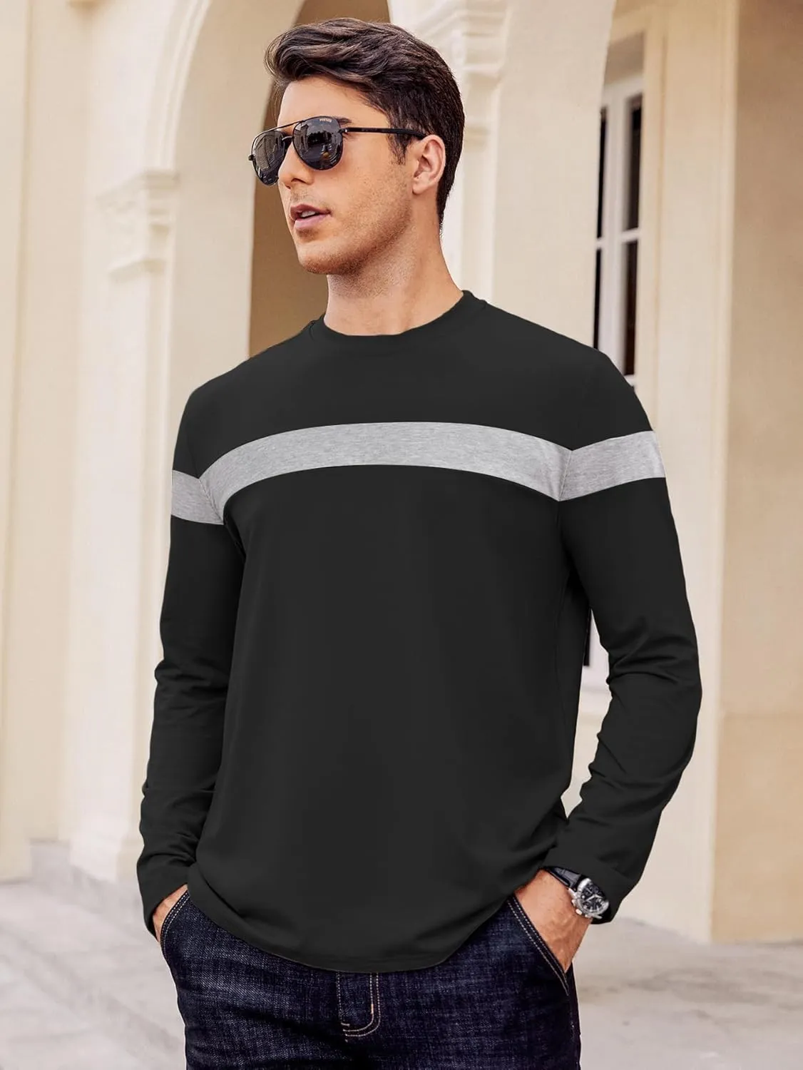 Hardaddy Men's Long Sleeve Tee Shirts Color Block Pullover Casual Basic T-Shirts