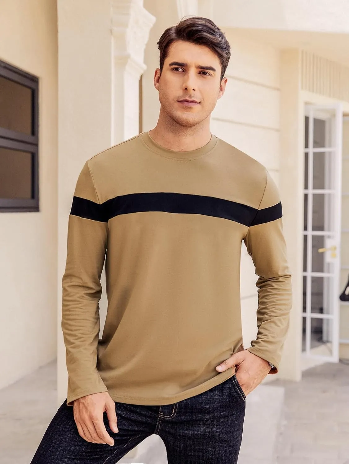 Hardaddy Men's Long Sleeve Tee Shirts Color Block Pullover Casual Basic T-Shirts
