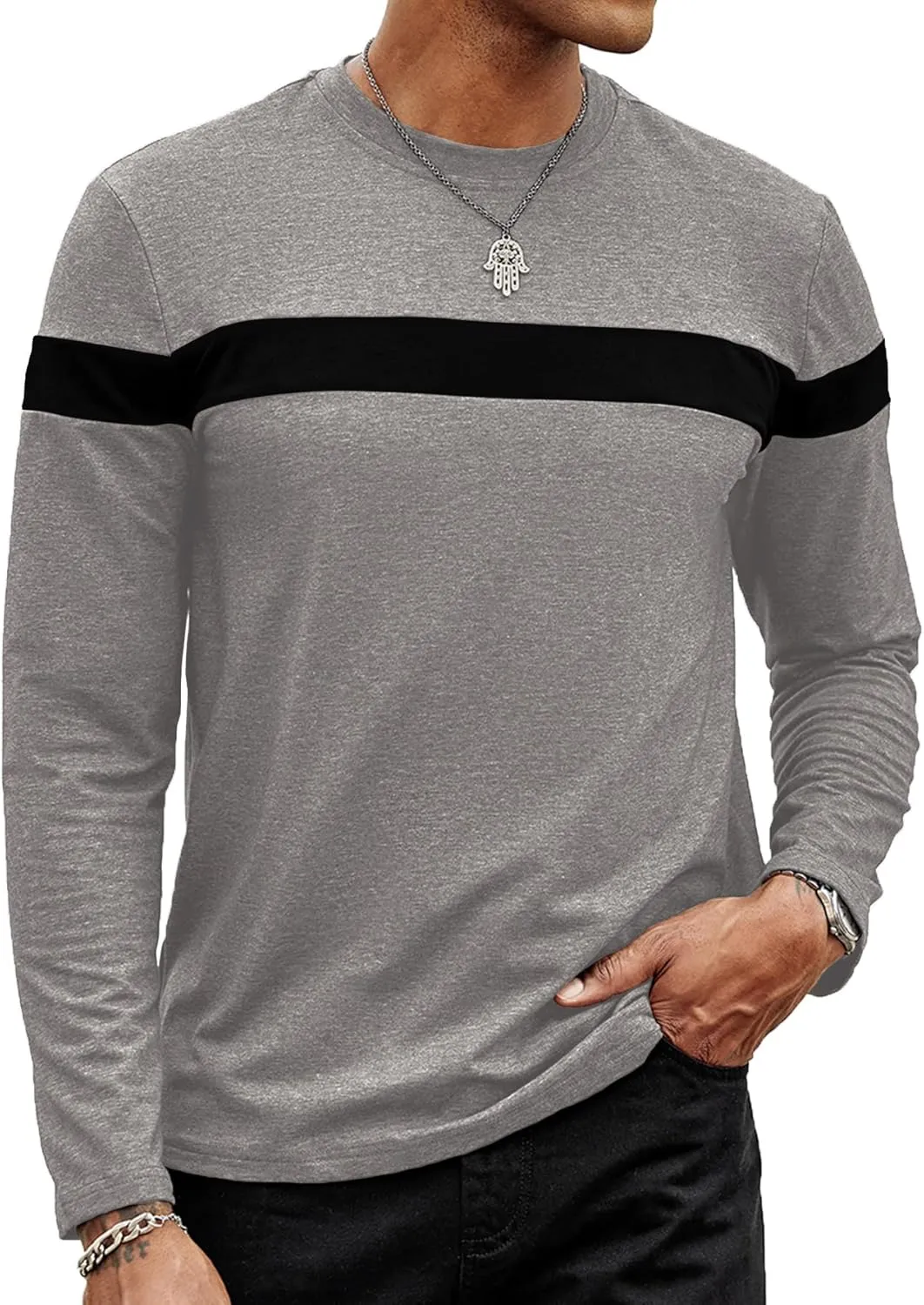 Hardaddy Men's Long Sleeve Tee Shirts Color Block Pullover Casual Basic T-Shirts