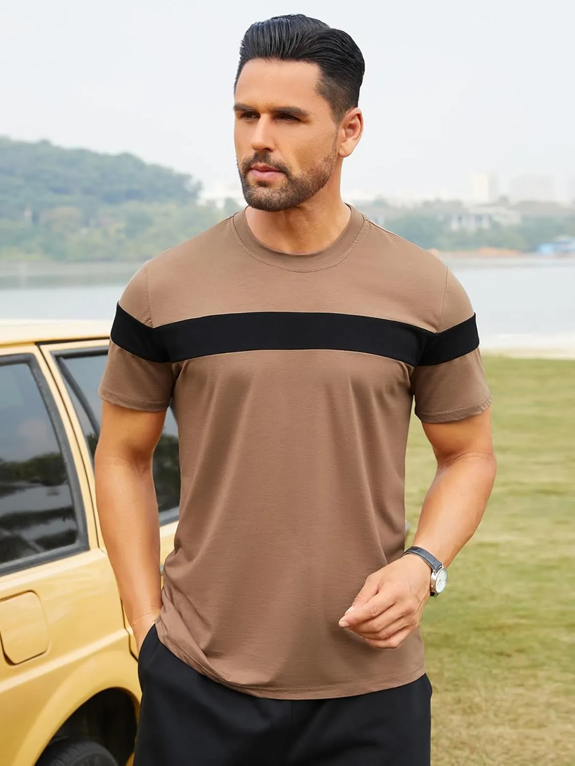 Hardaddy Men's Short Sleeve Tee Color Block Crew Neck Pullover Casual Basic Shirts