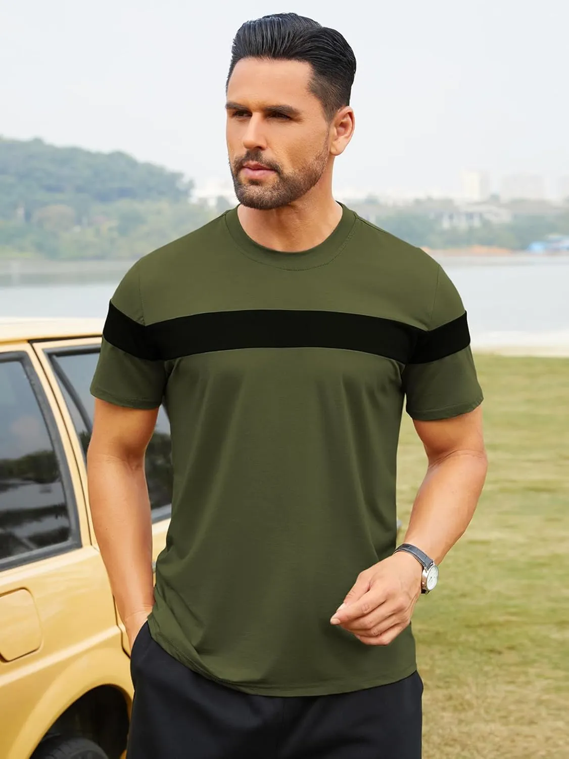 Hardaddy Men's Short Sleeve Tee Color Block Crew Neck Pullover Casual Basic Shirts