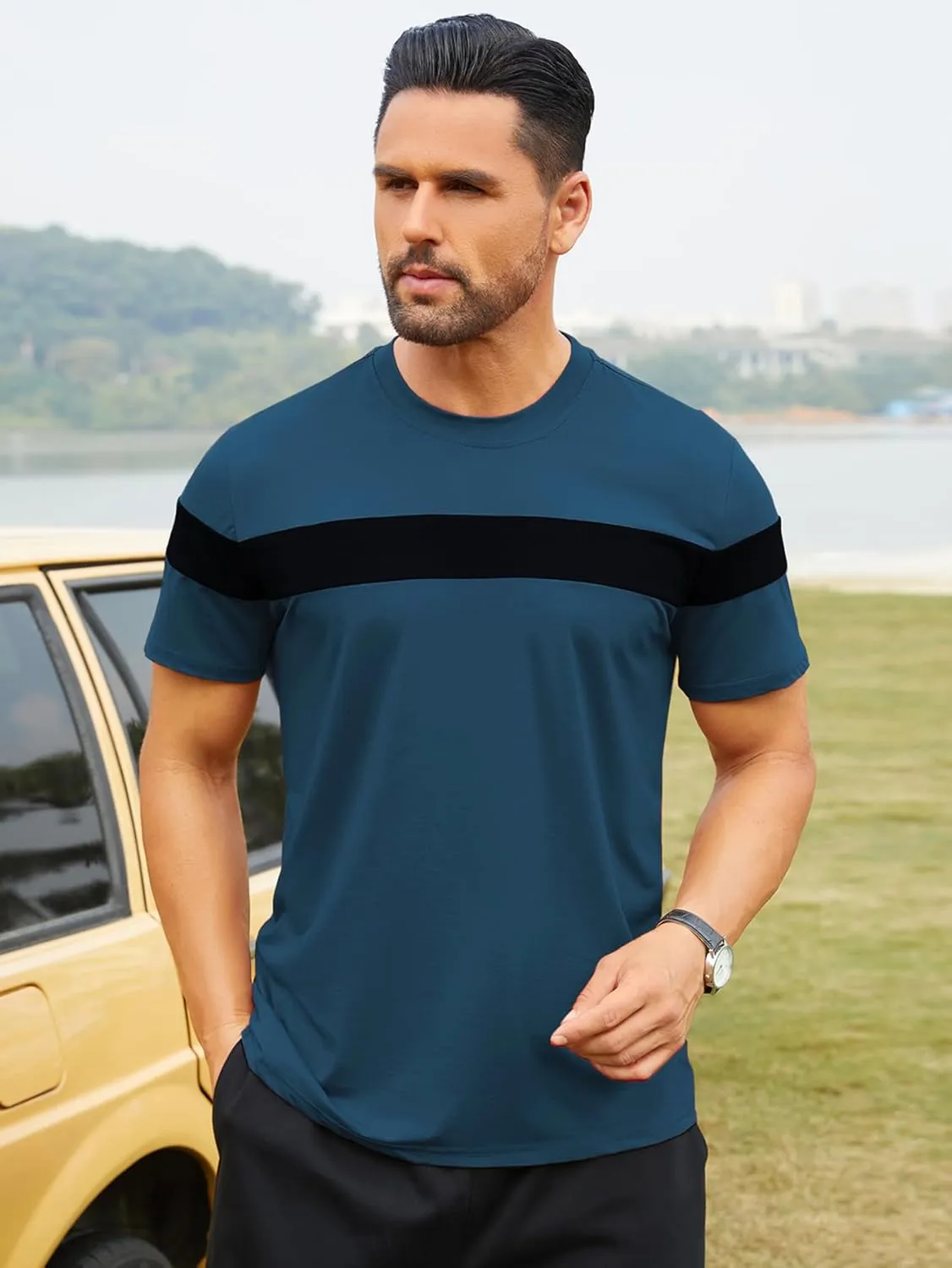 Hardaddy Men's Short Sleeve Tee Color Block Crew Neck Pullover Casual Basic Shirts