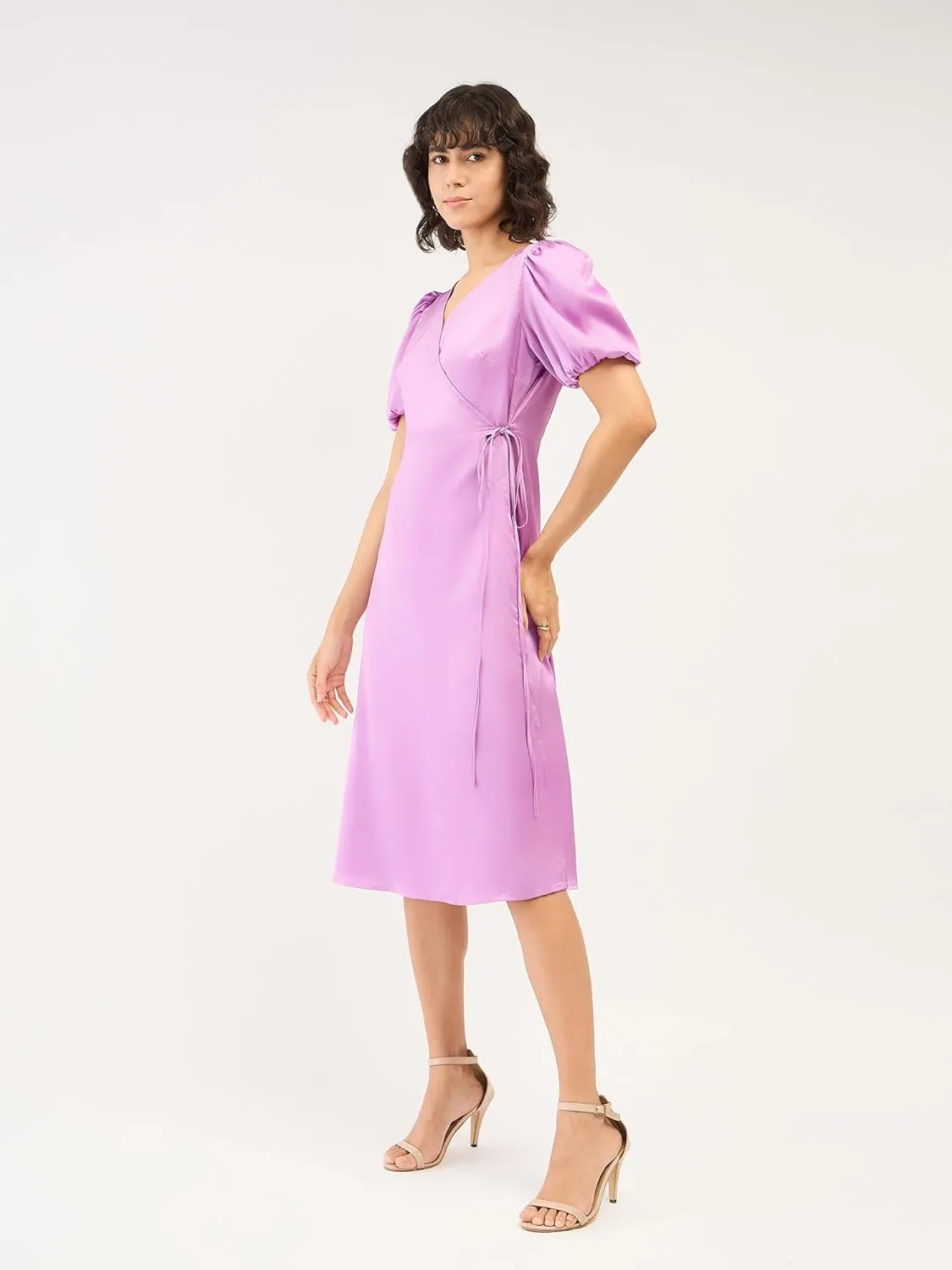 Havana-Lavender Midi Length Wrap Dress  Satin V-Neck Fit & Flare Balloon Sleeves, Side Belt Fastening