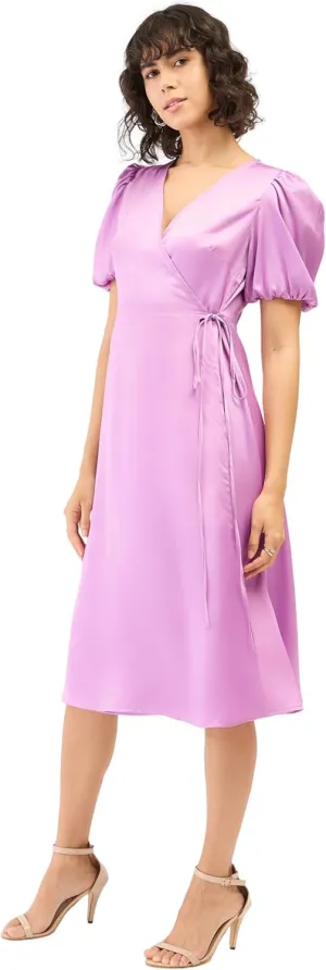 Havana-Lavender Midi Length Wrap Dress  Satin V-Neck Fit & Flare Balloon Sleeves, Side Belt Fastening