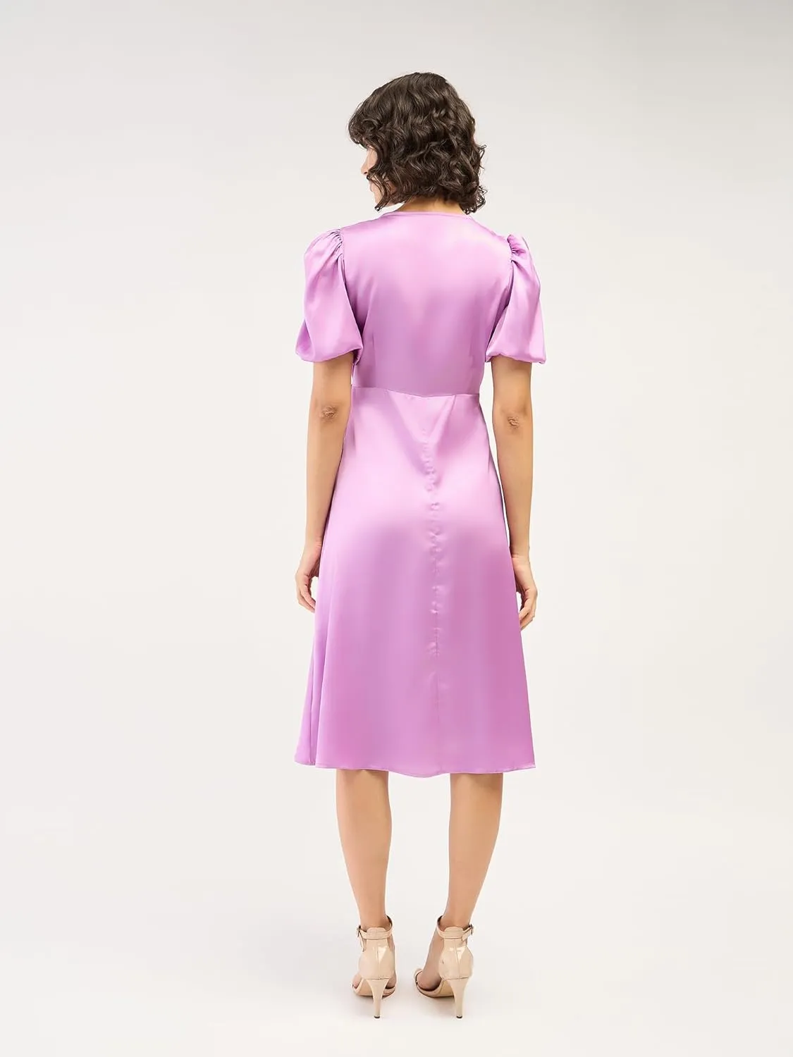 Havana-Lavender Midi Length Wrap Dress  Satin V-Neck Fit & Flare Balloon Sleeves, Side Belt Fastening