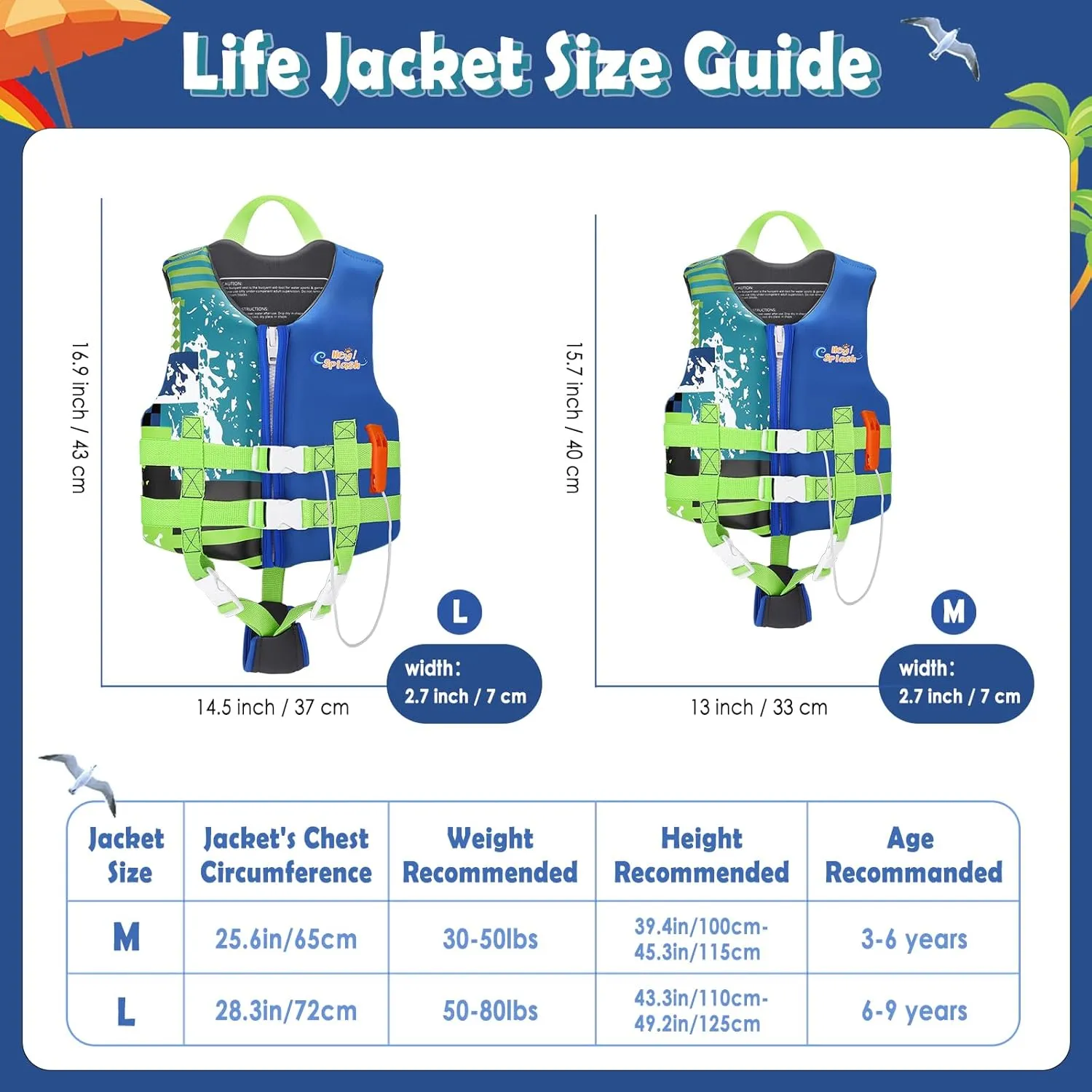HeySplash Toddler Swim Vest, Kids Swimming Jacket Fit 30-50/50-80lbs, Child Floaties Vest wiht Safety Strap, Float Jacket for Girls/Boys on Pool,Beach,Boating, Learn to Swim Aid, M 3-6 Yrs/L 6-9 Yrs