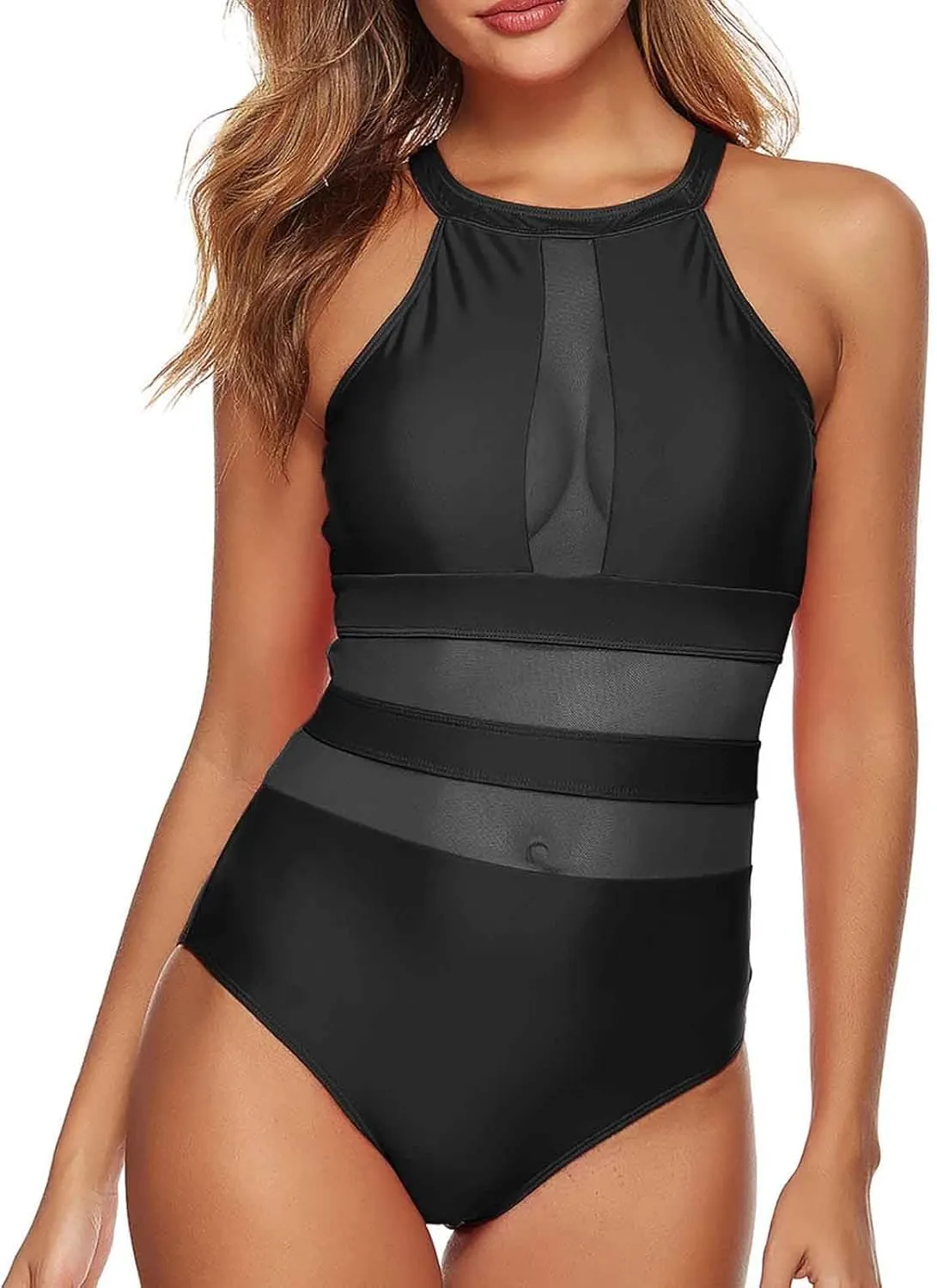 High Neck One Piece Swimsuit Women Mesh Tummy Control Bathing Suits Fashion Camisole Backless Swimwear for Beach Pool