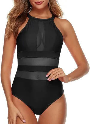 High Neck One Piece Swimsuit Women Mesh Tummy Control Bathing Suits Fashion Camisole Backless Swimwear for Beach Pool