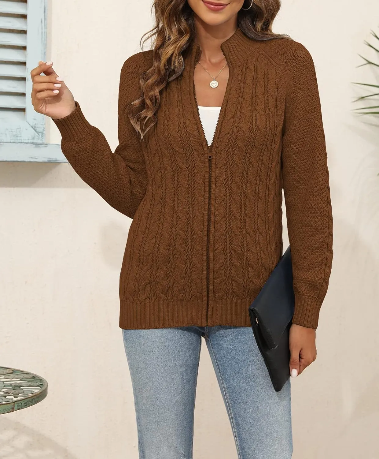 Hongqizo Women's Zipper Cable Knit Sweater Cardigan Long Sleeve Open Front Warm Knit Cardigan Casual Cardigan Knitwear