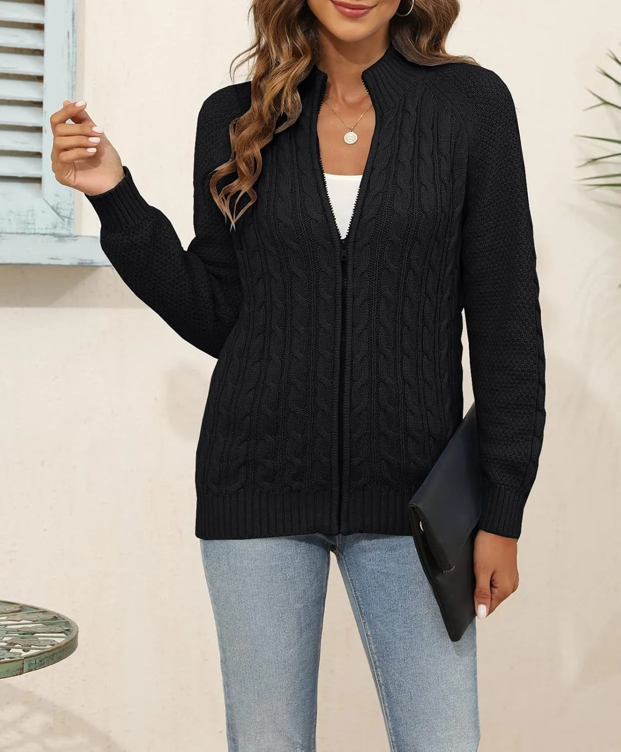 Hongqizo Women's Zipper Cable Knit Sweater Cardigan Long Sleeve Open Front Warm Knit Cardigan Casual Cardigan Knitwear