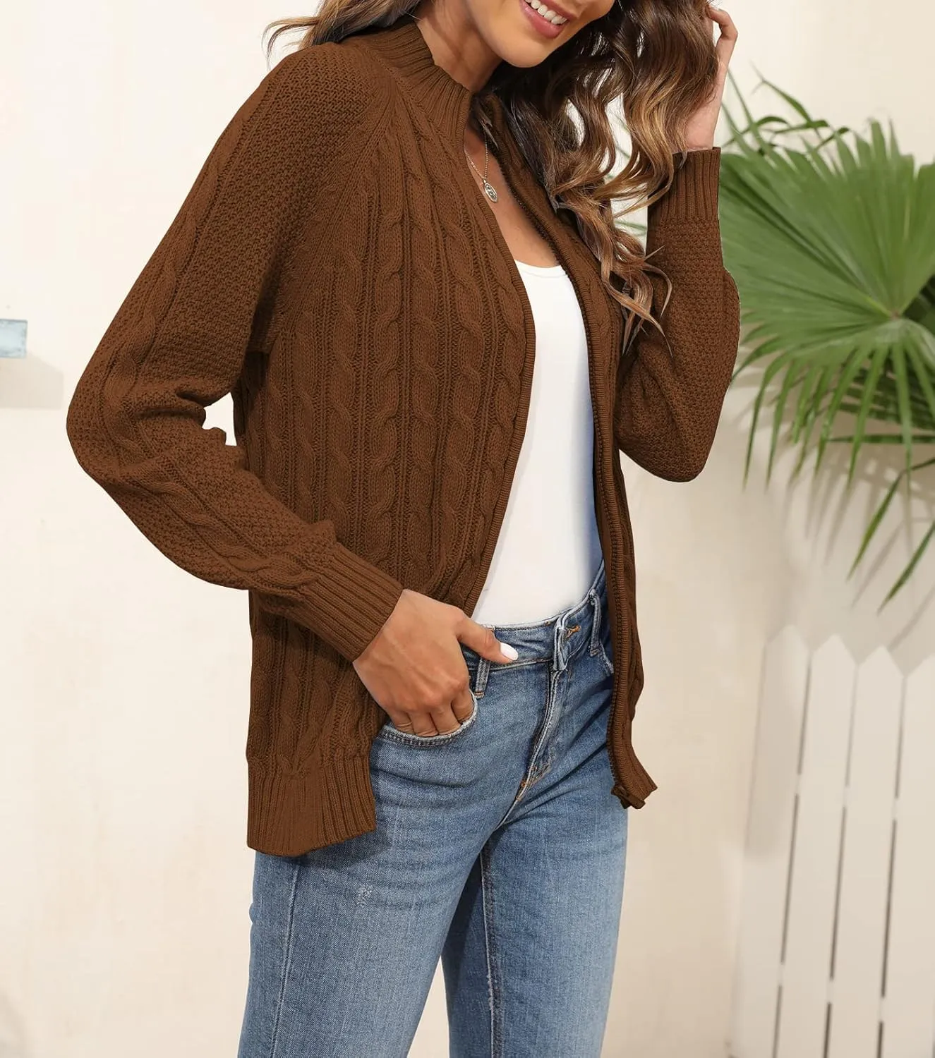 Hongqizo Women's Zipper Cable Knit Sweater Cardigan Long Sleeve Open Front Warm Knit Cardigan Casual Cardigan Knitwear