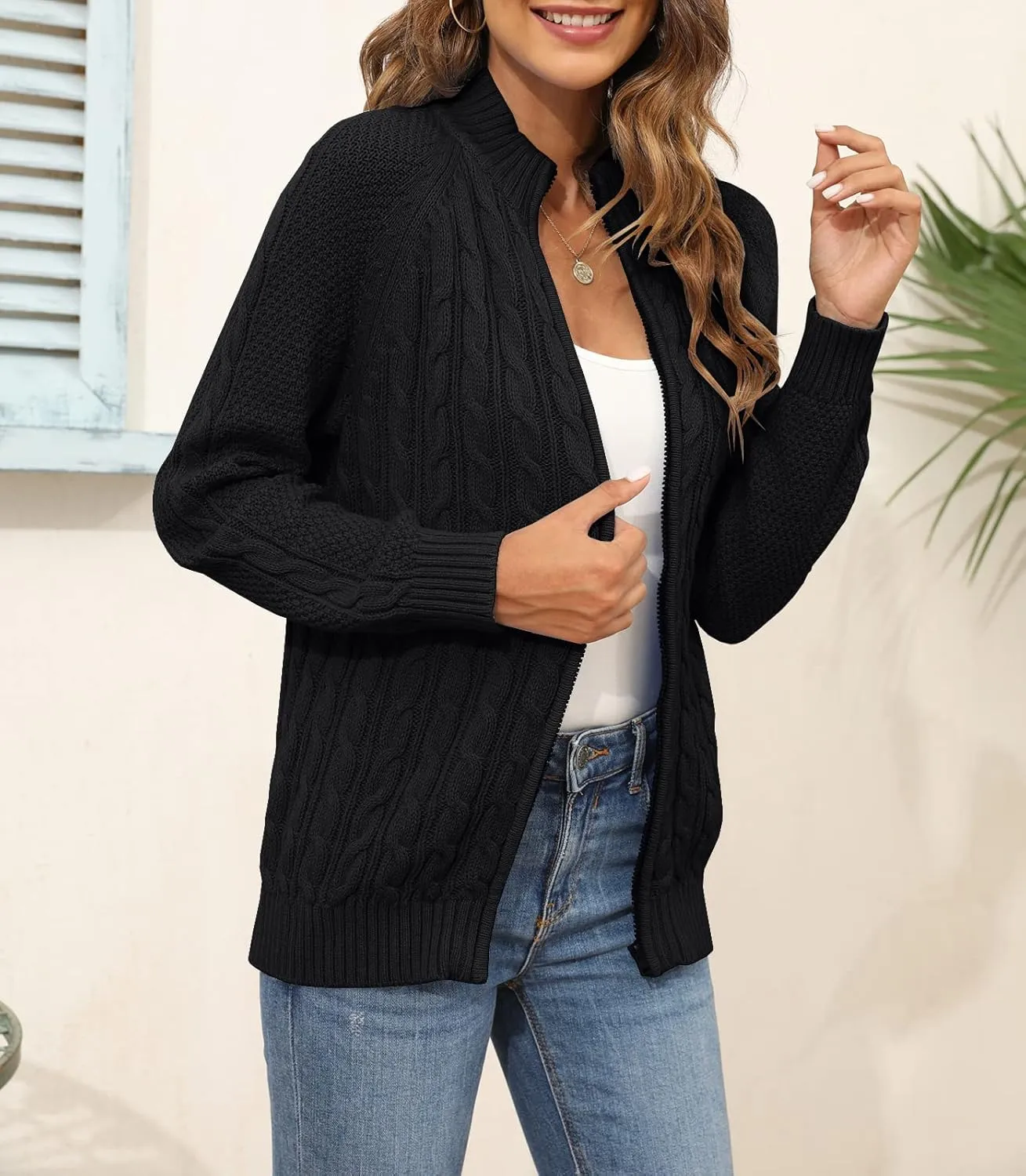 Hongqizo Women's Zipper Cable Knit Sweater Cardigan Long Sleeve Open Front Warm Knit Cardigan Casual Cardigan Knitwear