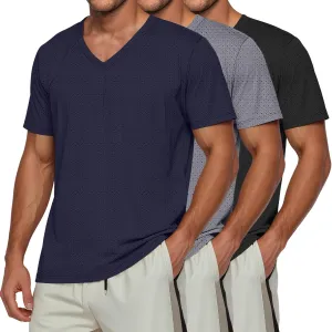 Huukeay 3 Pack Men's Big and Tall Workout Shirts, Short Sleeve V Neck Sport Tops Mesh Dry Fit Moisture Wicking Athletic Tees