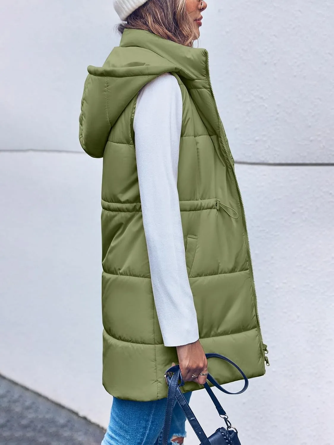 Inorin Womens Quilted Puffer Vests Hooded Sleeveless Long Outwear Jacket Zip Up Winter Coat with Pockets