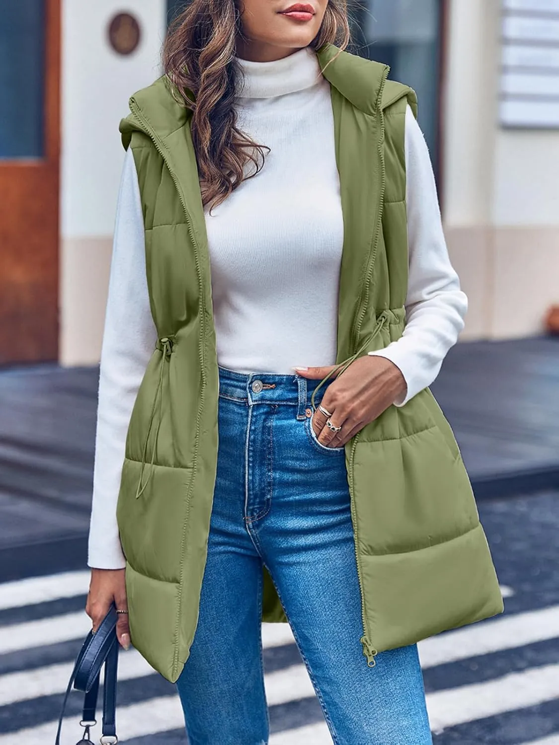 Inorin Womens Quilted Puffer Vests Hooded Sleeveless Long Outwear Jacket Zip Up Winter Coat with Pockets