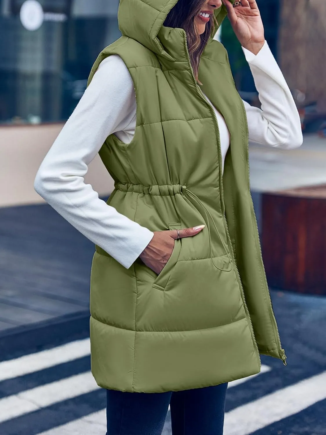 Inorin Womens Quilted Puffer Vests Hooded Sleeveless Long Outwear Jacket Zip Up Winter Coat with Pockets