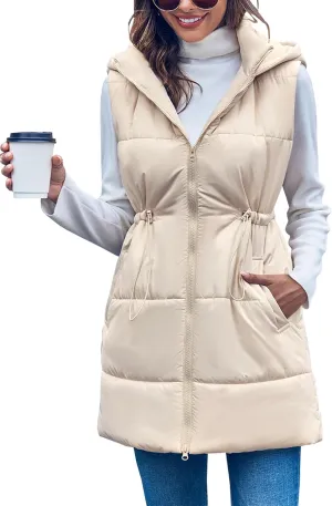 Inorin Womens Quilted Puffer Vests Hooded Sleeveless Long Outwear Jacket Zip Up Winter Coat with Pockets