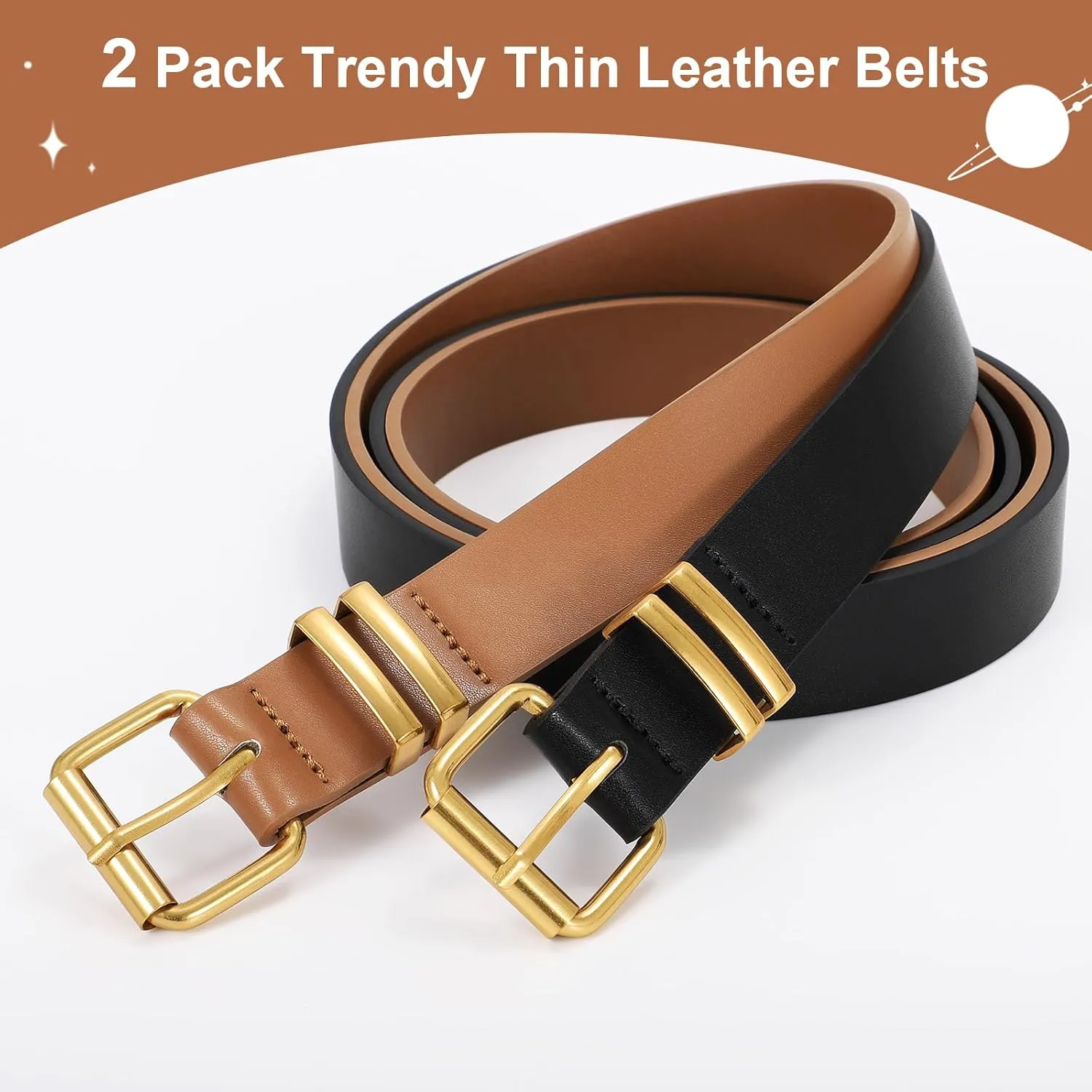 JASGOOD 2 Pack Women Belts for Jeans Ladies Leather Waist Belt for Pants Dresses with Gold Buckle