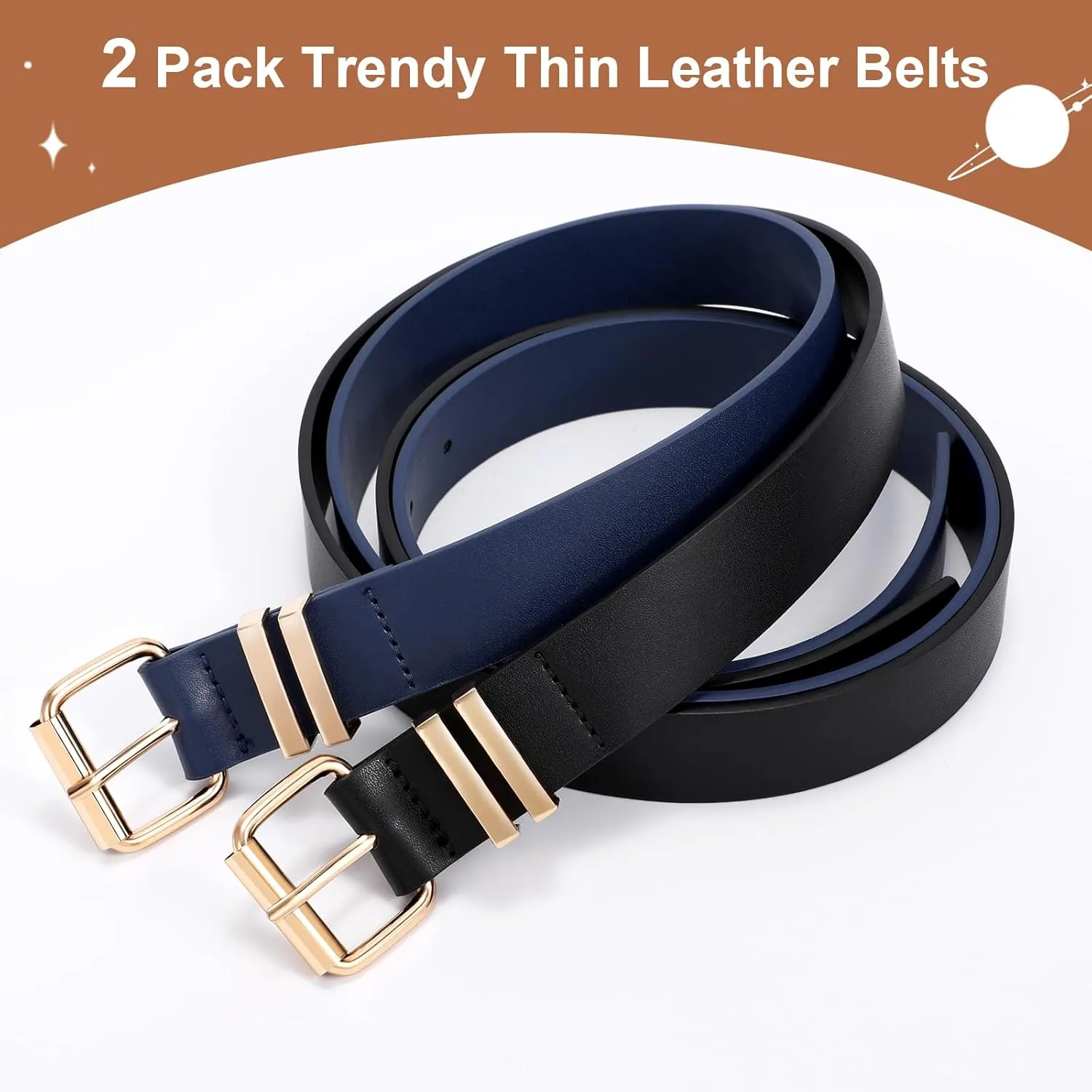 JASGOOD 2 Pack Women Belts for Jeans Ladies Leather Waist Belt for Pants Dresses with Gold Buckle