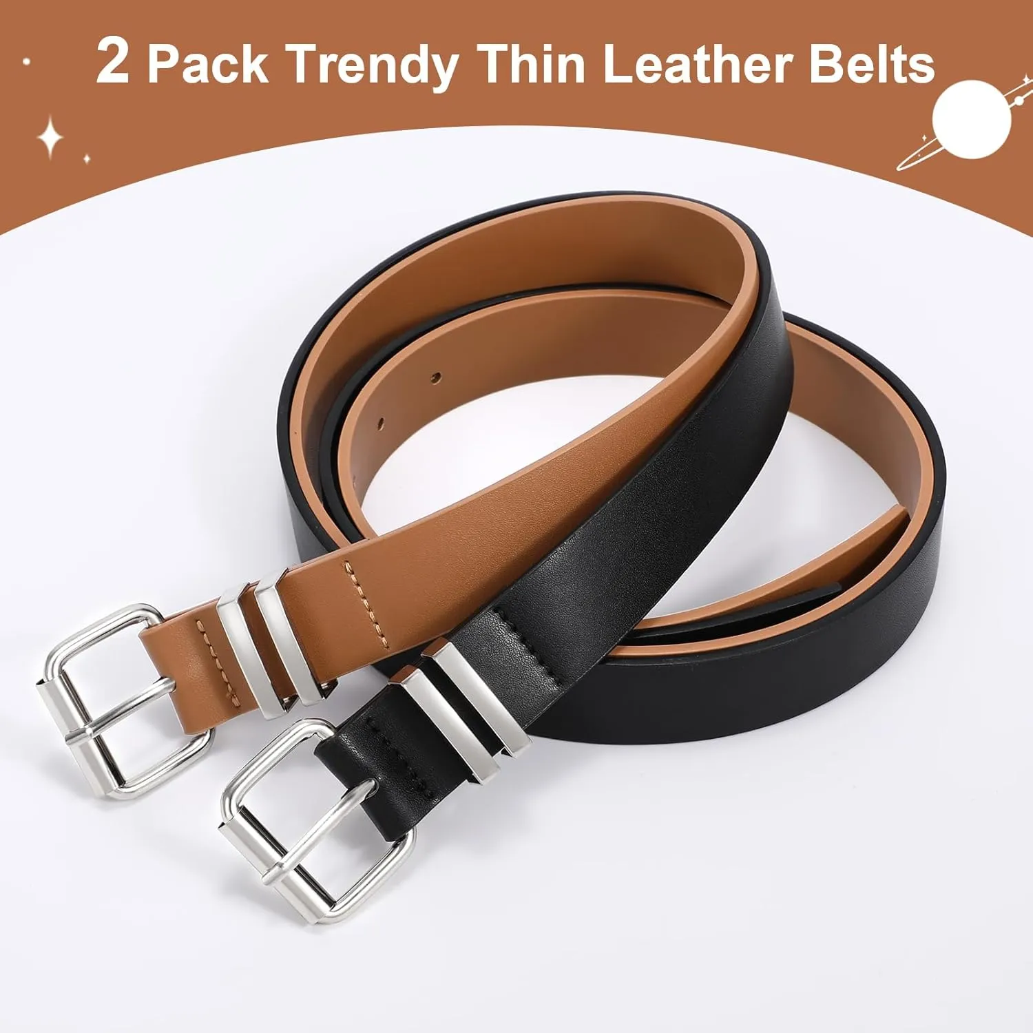 JASGOOD 2 Pack Women Belts for Jeans Ladies Leather Waist Belt for Pants Dresses with Gold Buckle