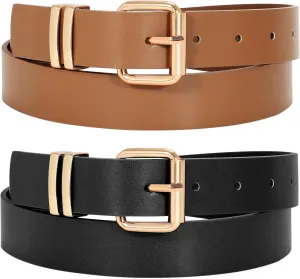 JASGOOD 2 Pack Women Belts for Jeans Ladies Leather Waist Belt for Pants Dresses with Gold Buckle
