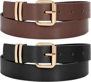 JASGOOD 2 Pack Women Belts for Jeans Ladies Leather Waist Belt for Pants Dresses with Gold Buckle