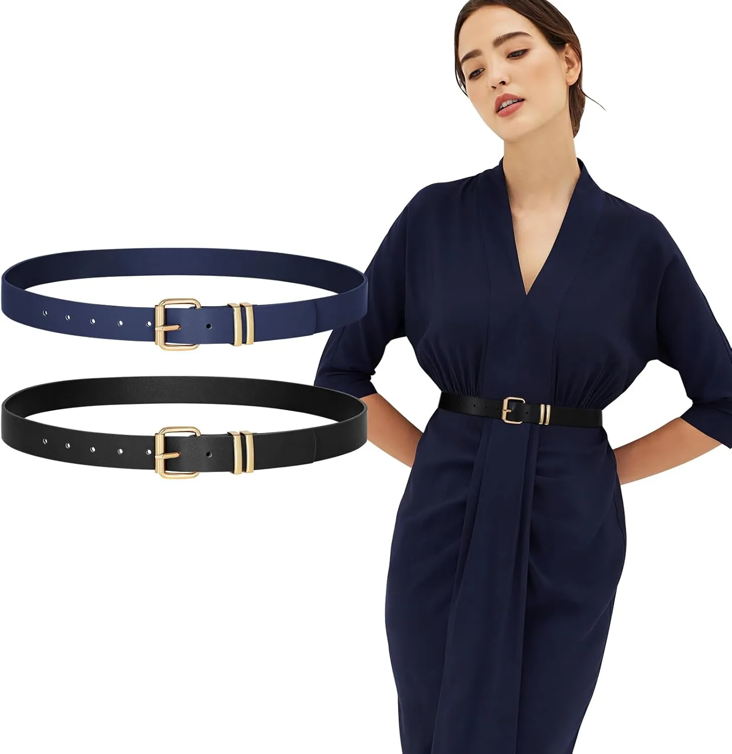 JASGOOD 2 Pack Women Belts for Jeans Ladies Leather Waist Belt for Pants Dresses with Gold Buckle