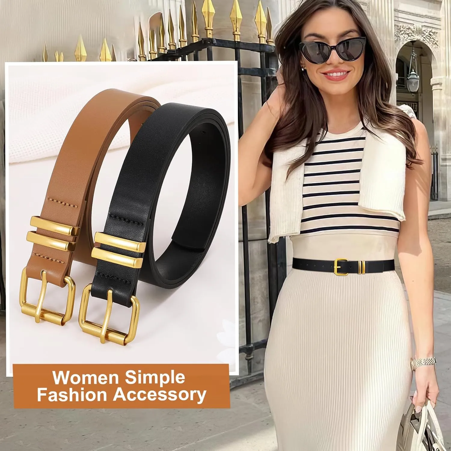JASGOOD 2 Pack Women Belts for Jeans Ladies Leather Waist Belt for Pants Dresses with Gold Buckle