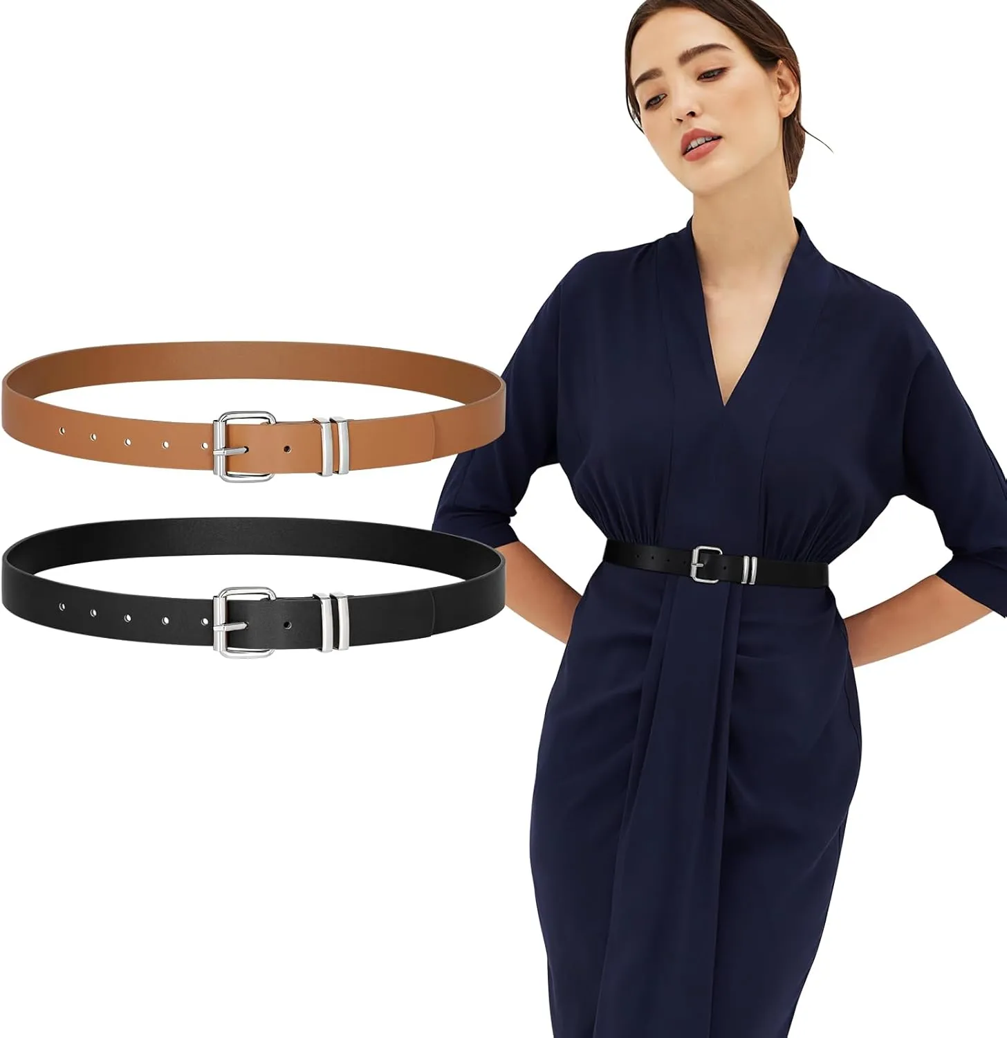 JASGOOD 2 Pack Women Belts for Jeans Ladies Leather Waist Belt for Pants Dresses with Gold Buckle