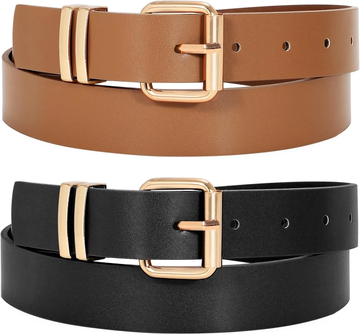 JASGOOD 2 Pack Women Belts for Jeans Ladies Leather Waist Belt for Pants Dresses with Gold Buckle