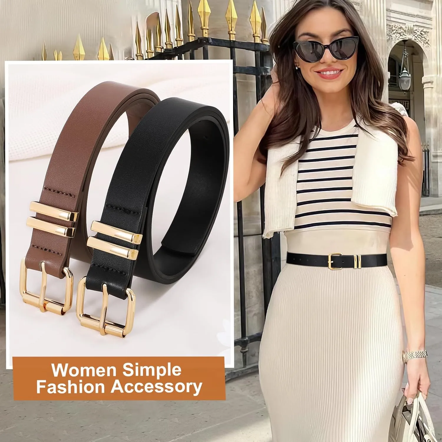 JASGOOD 2 Pack Women Belts for Jeans Ladies Leather Waist Belt for Pants Dresses with Gold Buckle