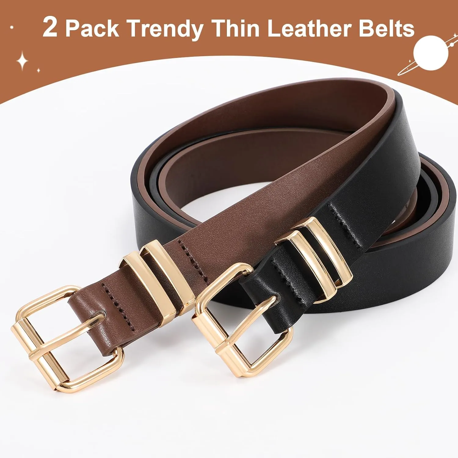JASGOOD 2 Pack Women Belts for Jeans Ladies Leather Waist Belt for Pants Dresses with Gold Buckle