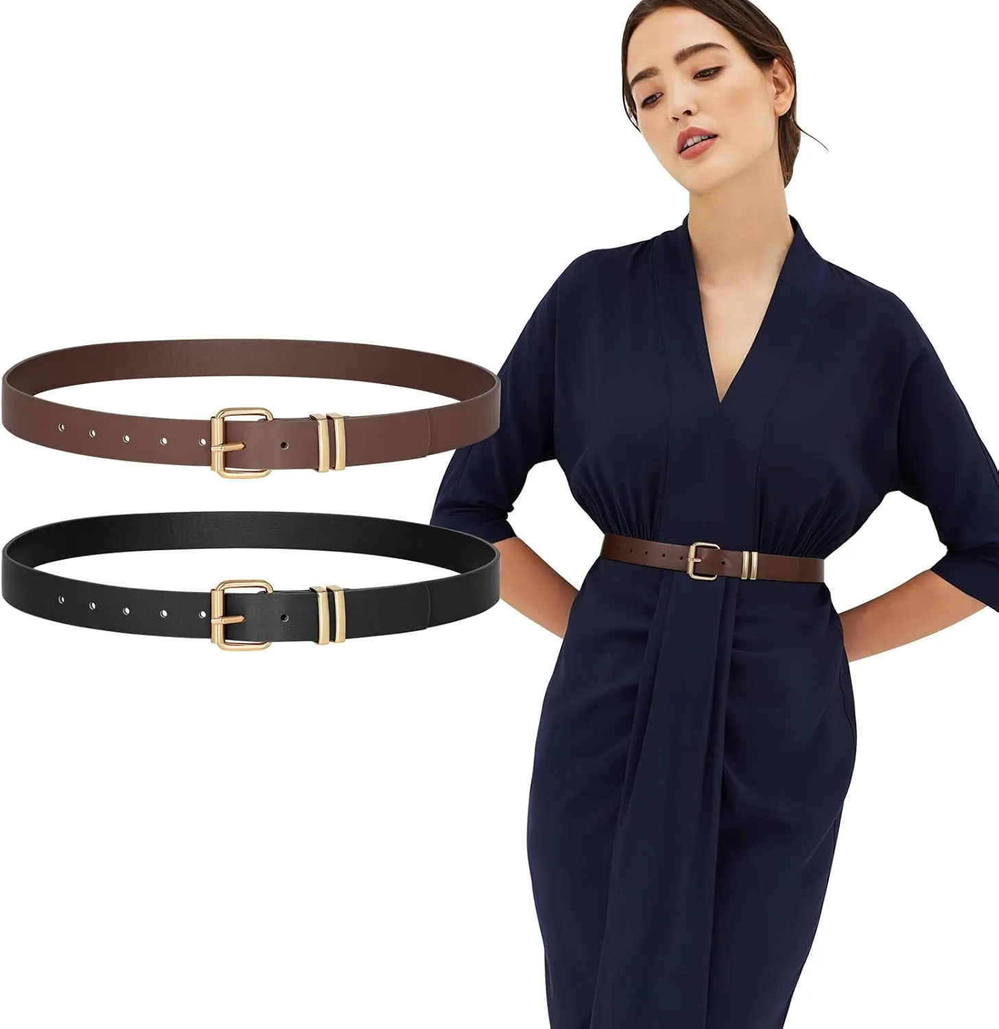 JASGOOD 2 Pack Women Belts for Jeans Ladies Leather Waist Belt for Pants Dresses with Gold Buckle