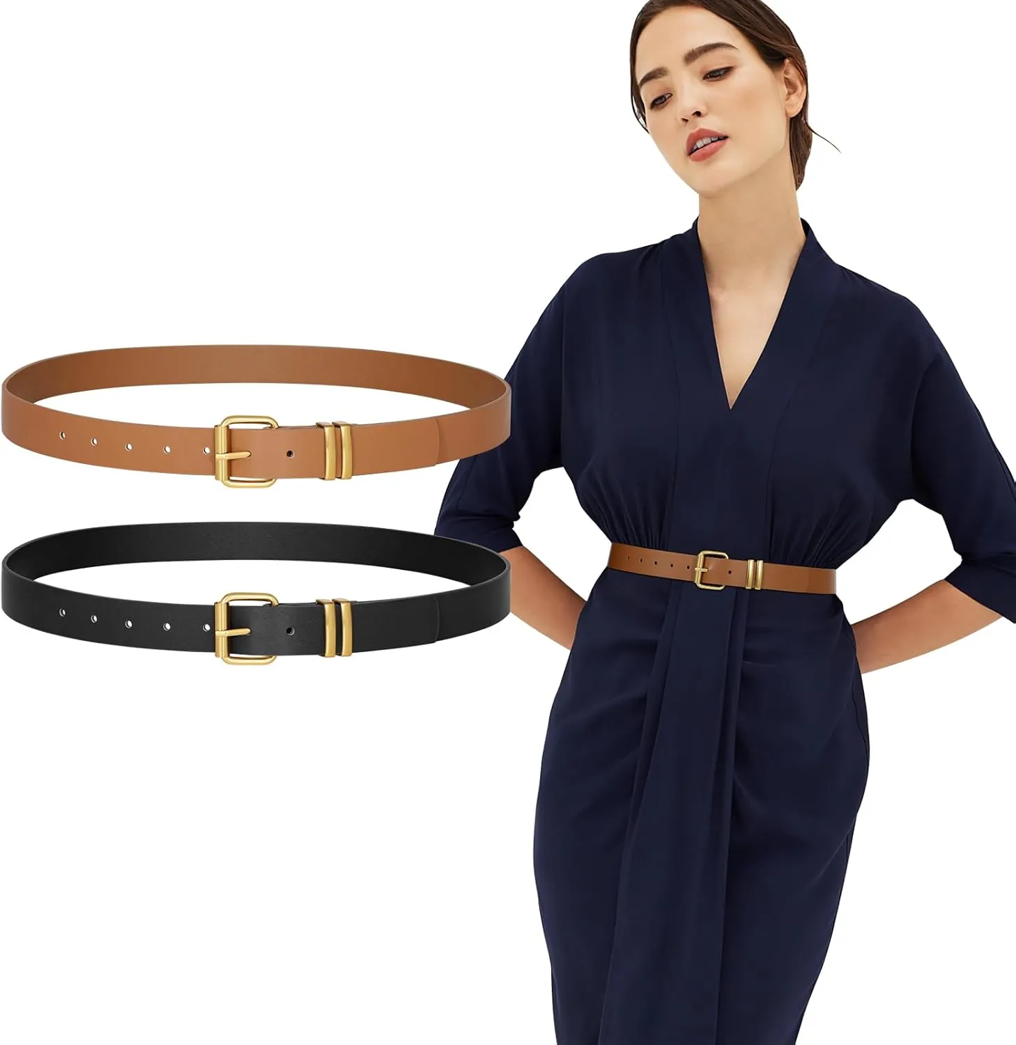 JASGOOD 2 Pack Women Belts for Jeans Ladies Leather Waist Belt for Pants Dresses with Gold Buckle