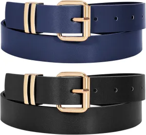 JASGOOD 2 Pack Women Belts for Jeans Ladies Leather Waist Belt for Pants Dresses with Gold Buckle