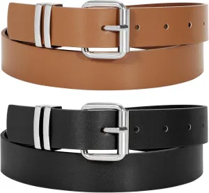 JASGOOD 2 Pack Women Belts for Jeans Ladies Leather Waist Belt for Pants Dresses with Gold Buckle