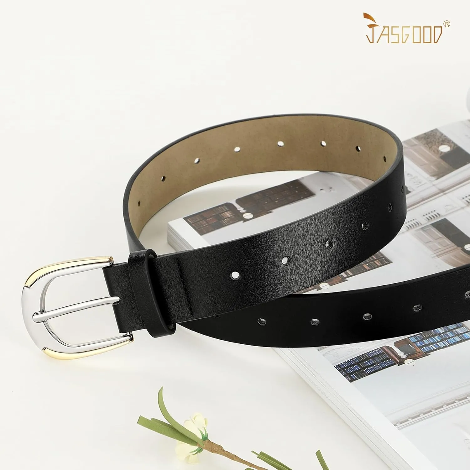 JASGOOD Women's Leather Belts for Jeans Pants Dresses Ladies Faux Leather Waist Belts with Gold and Silver Buckle