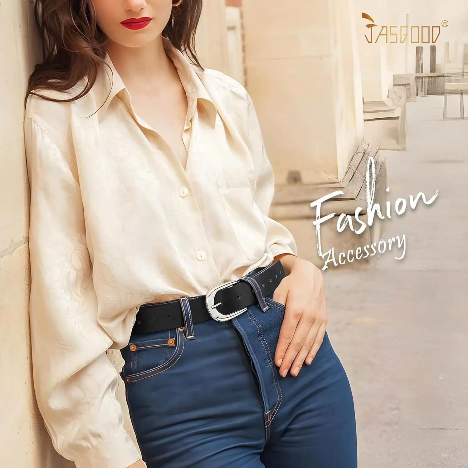 JASGOOD Women's Leather Belts for Jeans Pants Dresses Ladies Faux Leather Waist Belts with Gold and Silver Buckle