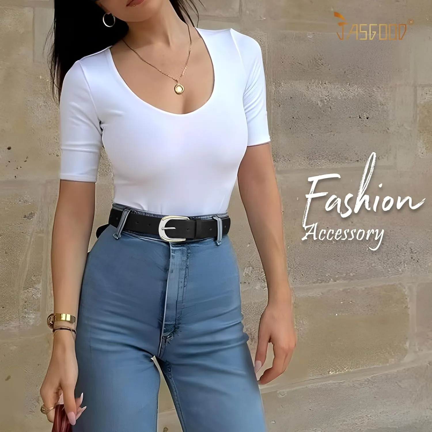 JASGOOD Women's Leather Belts for Jeans Pants Dresses Ladies Faux Leather Waist Belts with Gold and Silver Buckle