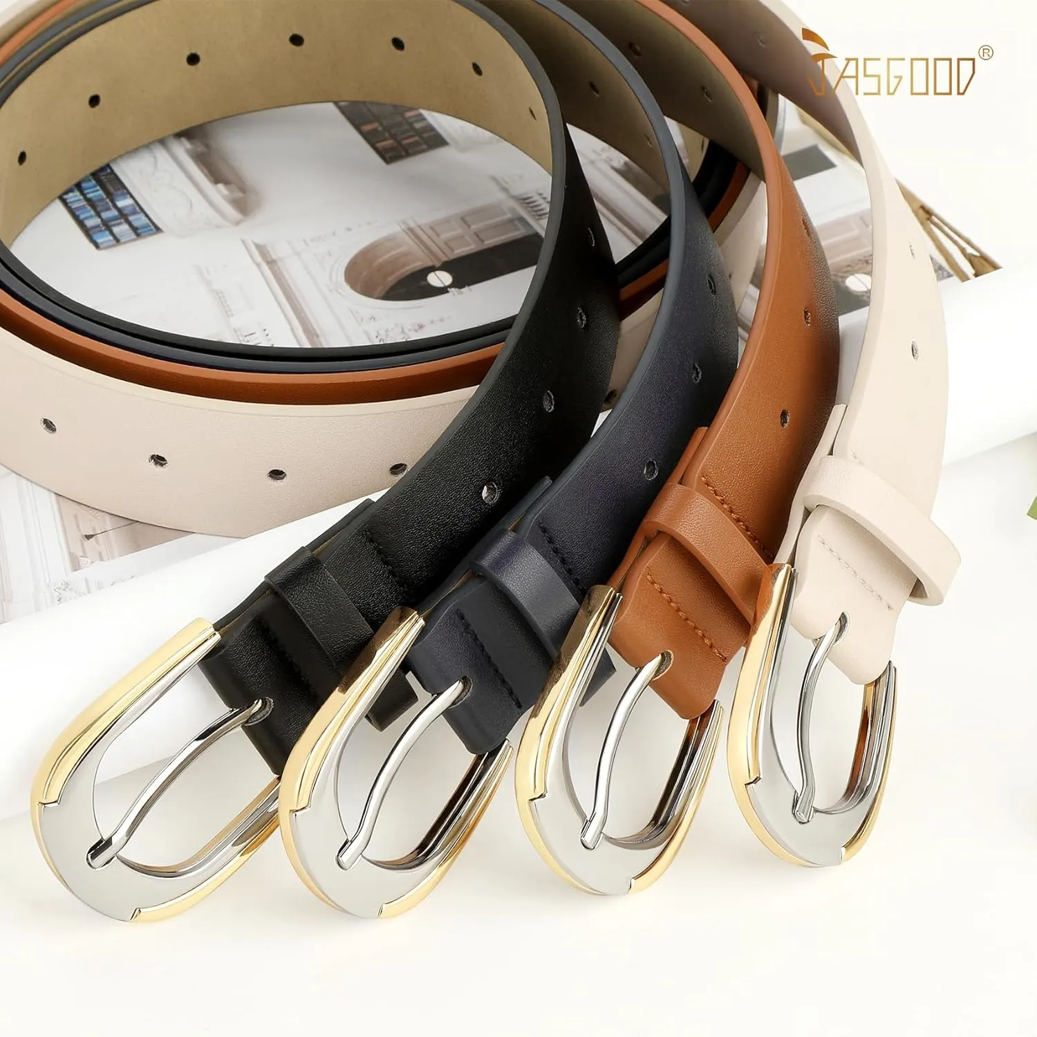 JASGOOD Women's Leather Belts for Jeans Pants Dresses Ladies Faux Leather Waist Belts with Gold and Silver Buckle