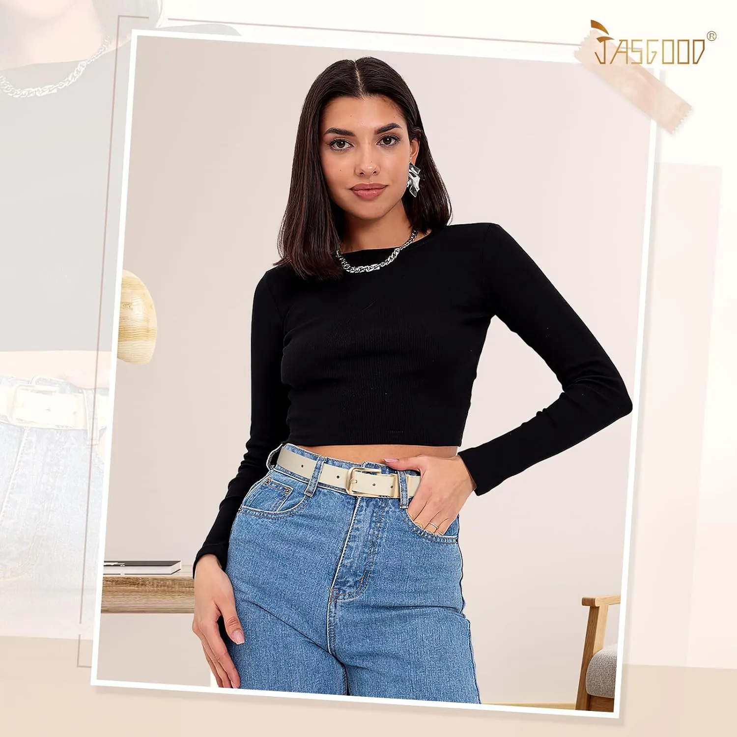 JASGOOD Women's Leather Belts Ladies Fashion Leather Belts for Jeans Pants Dress with Metal Gold Buckle