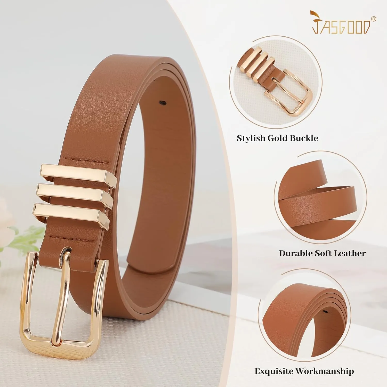JASGOOD Women's Leather Belts Ladies Fashion Leather Belts for Jeans Pants Dress with Metal Gold Buckle