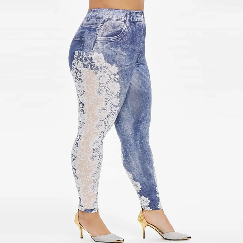 Jean Leggings for Women Plus Size Butterfly Printed Denim High Waisted Yoga Pants Stretch Jean Look Jeggings Tights
